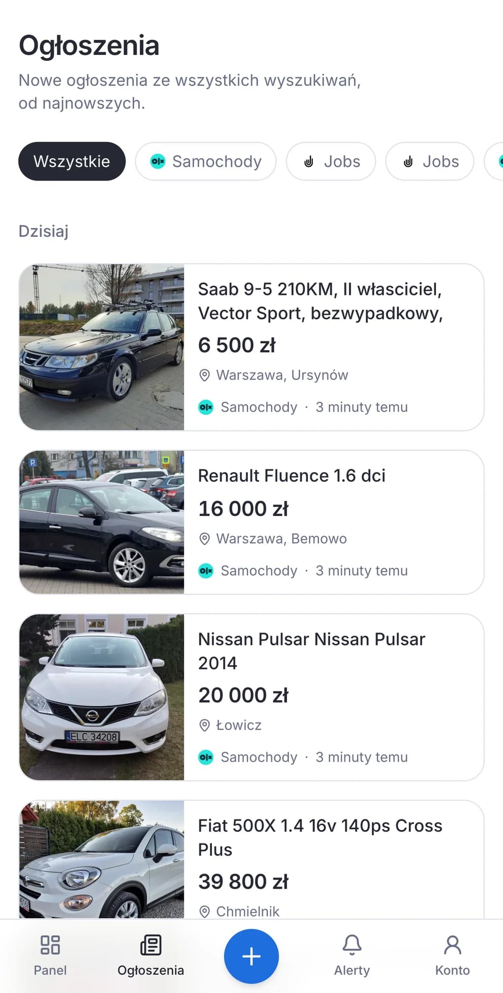 Aplikacja na telefonie: nowe ogłoszenia ze wszystkich wyszukiwań, od najnowszych
